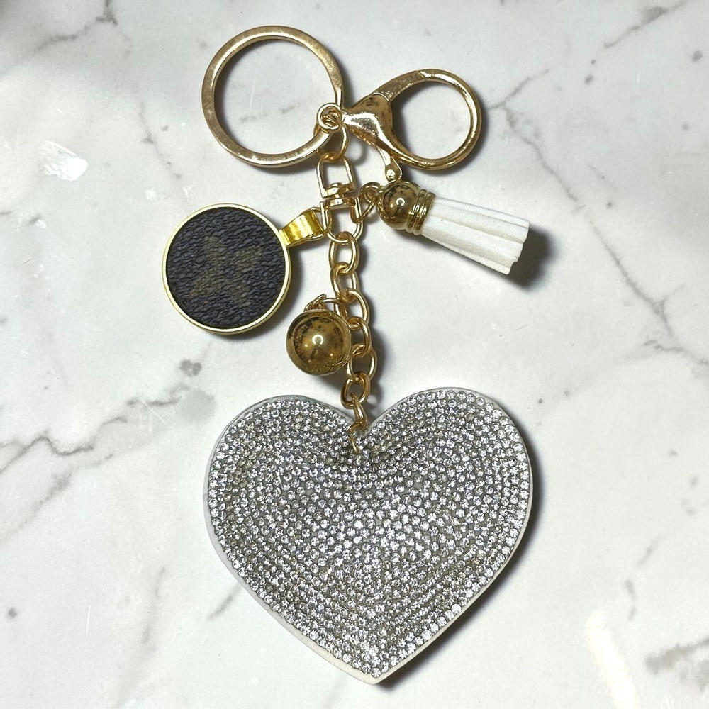 Upcycled rhinestone heart bag clip/keychain purse‎ charm w/ LV leather